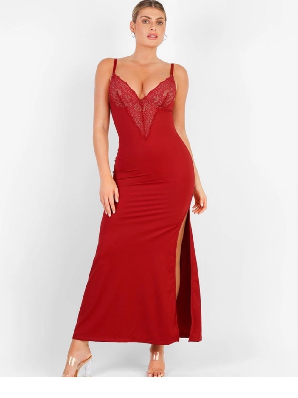 Popilush Shapewear Lace V Neck Side Slit Slimming Maxi Slip Dress Burgundy S NWT